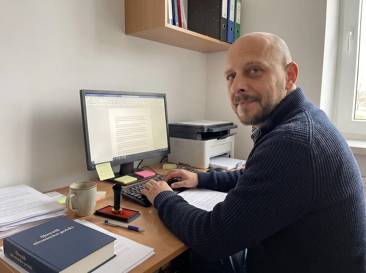 Tomasz Lachnik, tłumacz przysięgły języka niemieckiego, przy pracy w biurze tłumaczeń TPN